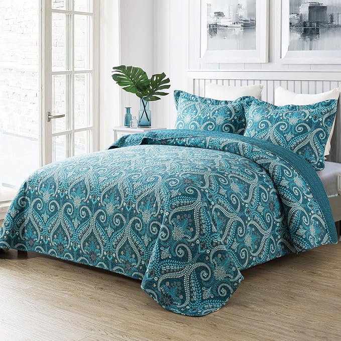 NEWLAKE Cotton Bedspread Quilt Sets-Reversible Patchwork Coverlet Set, Turquoise Classic Royal Pattern, Queen Size