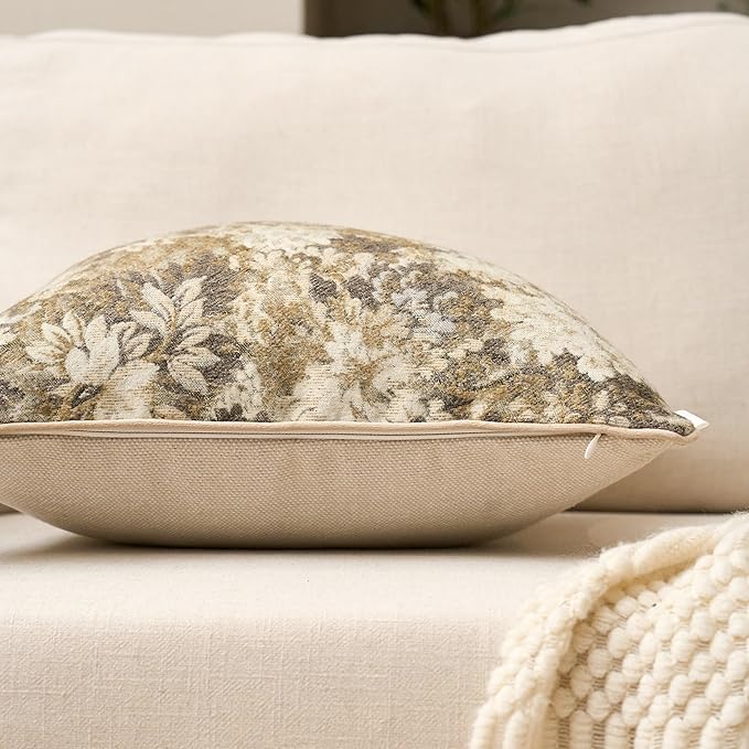 Yangest Neutral Floral Pillow Cover 12 x 20 Inches, Vintage Chenille Rectangle Throw Pillow Cover Soft Decorative Farmhouse Accent Couch Pillow Cover for Living Room Bedroom, Beige