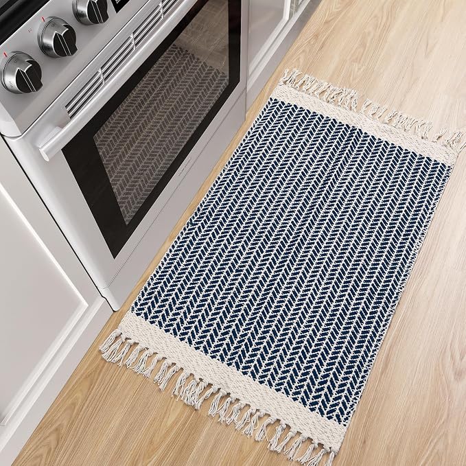 Lahome Boho Bathroom Rugs, Small 2x3 Front Door Mat for Kitchen, Washable | Indoor Entryway Area Rug Woven Cotton with Tassels, Farmhouse Non Shedding Blue Throw Low Pile Carpet for Bath Entry Laundry