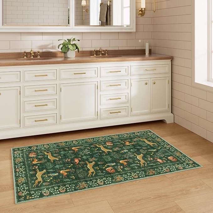DUKINO 2x4 Rug for Entryway, Animal Washable Runner Rug for Kitchen, Green | Non Slip, Low Pile, Stain Resistant Thin Indoor Carpet for Hallway, Bedroom, Bathroom, Laundry, Pet Friendly, Non-Shedding