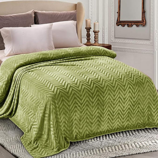 Whale Flotilla Flannel Fleece Bed Blanket Twin XL Size, Olive Green | Lightweight Breathable Soft Bedspread, Plush Fluffy Coverlet Chevron Design Decorative Blanket for All Season, 90x66 Inch