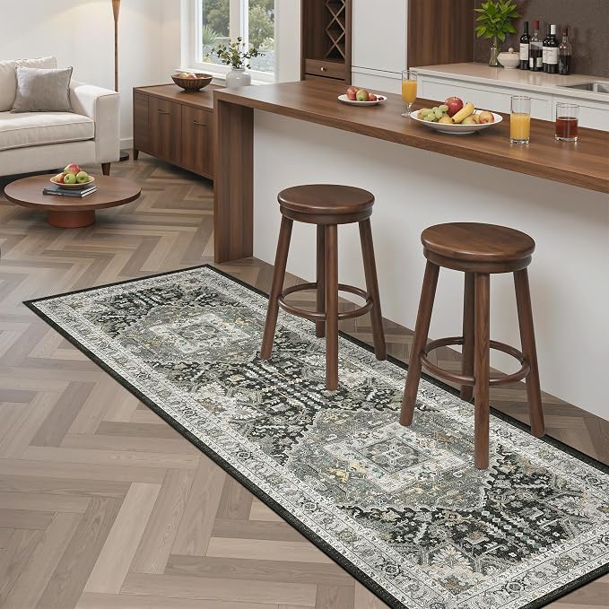 Madane Washable Runner Rug 2x6 Runners for Hallways, Grey Green/Black Olive | Vintage Stain-Resistant 6 Feet Kitchen Rug, Soft Low-Pile Non Slip Floor Carpet Mat for Bathroom Laundry Room Bedroom 2x6ft