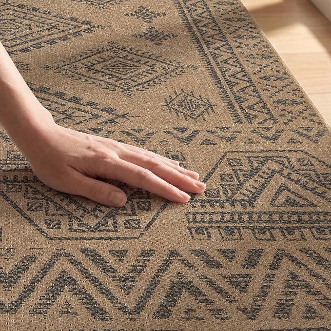 jinchan 2x3 Faux Jute Area Rug Washable Boho Entryway Rug, Natural Charcoal | Southwestern Geometric, Non-Slip, Low Pile, Indoor Outdoor, High-Traffic, Kitchen, Bathroom, Laundry Room, Porch, Balcony