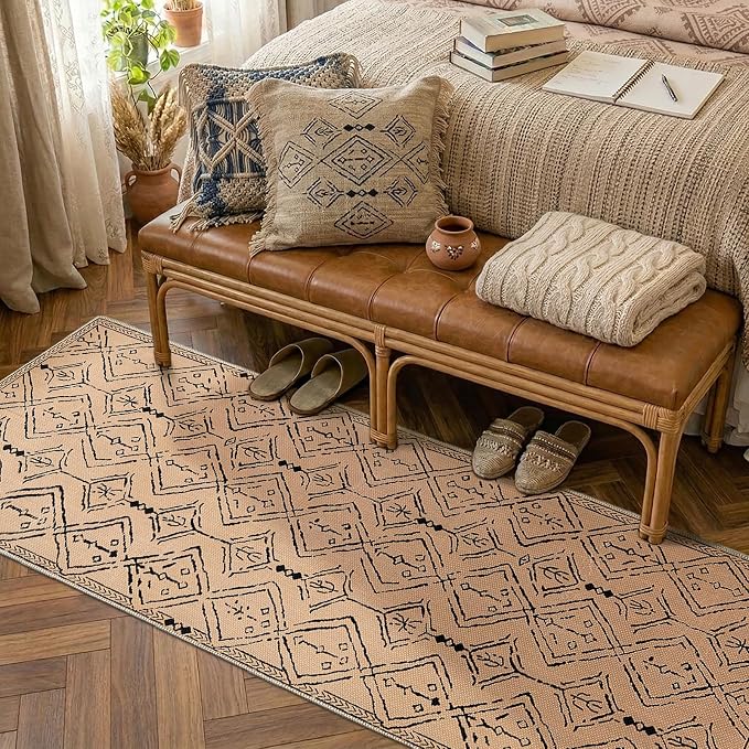 jinchan 2x6 Faux Jute Runner Rug Washable Moroccan Hallway Rug, Warm Taupe | Neutral Boho Geometric, Non-Slip Low Pile, Indoor Outdoor, High-Traffic, Kitchen, Bathroom, Laundry, Porch, Balcony, Entryway