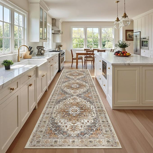 Madane Hallway Runner Rug 2'6''x10' Kitchen Runners Vintage, Turmeric/Grey | Non-Slip Washable Wide Rugs 2.5x10 Ft for Entryway Laundry and Bedroom, Soft Low Pile Stain-Resistant 10ft Floor Carpet