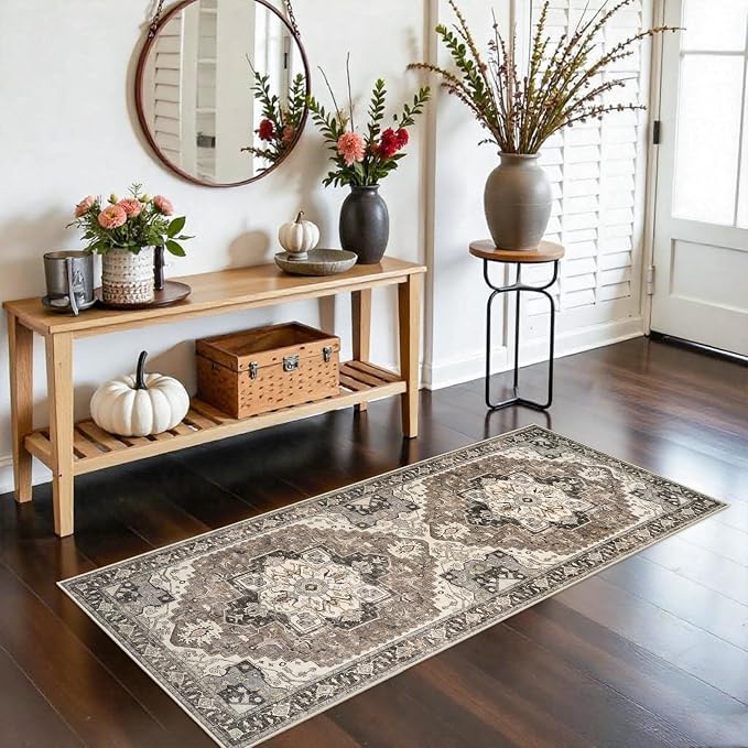Washable Hallway 2x5 Rug Runner - Boho Vintage Kitchen Runners Stain Resistant Carpet Ultra Thin Soft Rugs for Living Room Bedroom Non-Slip Rubber Backing Floor Mat for Bathroom Entryway(Beige,2x5)