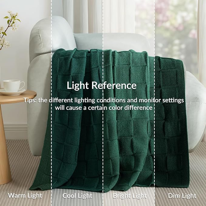 Whale Flotilla Checkered Knit Throw Blanket for Couch, Dark Green | Soft Decorative Knitted Blankets for Couch Sofa Bed, Lightweight Cozy Throws for Spring Summer, 50x60 Inch