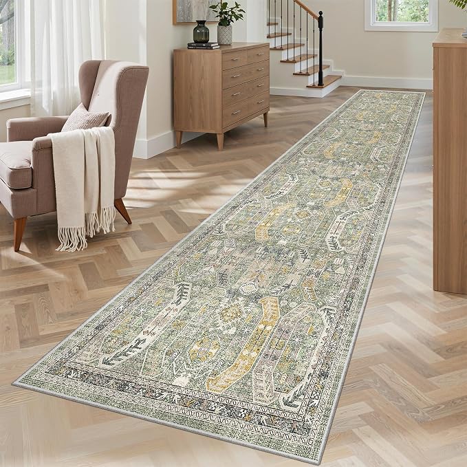 Madane Washable Runner Rugs 2x10 Long for Hallway Kitchen, Green/Gold | Non-Slip Low-Pile 10ft Rug Runners Soft, Stain-Resistant Floor Carpet Mat for Entrance, Living Dining Laundry Room