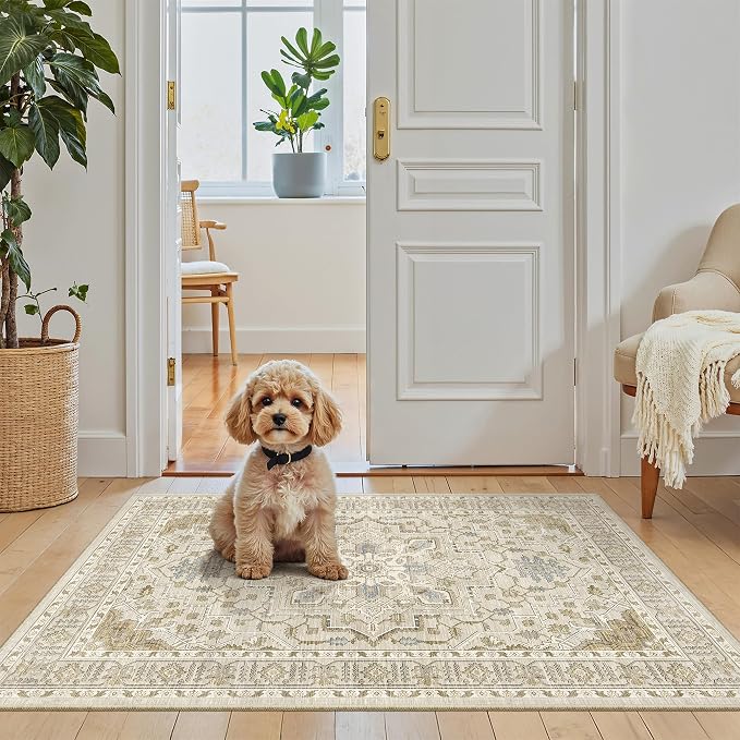 Madane Washable Area Rug 2x3 Small Entryway Rugs Non-Slip, Beige/Blue | Vintage Stain-Resistant Door Mat Indoor Entrance, Low Pile Floor Carpet for Inside Front Bedroom Kitchen Entry Laundry, Stair