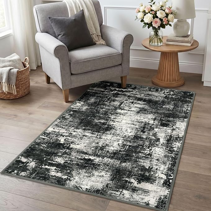 Lansny Abstract Washable Entryway Rug 3x5 Area Rug Non Slip Kitchen Rugs | Charcoal Black;Thin Printed Faux Wool Door Mat;Entry Rug;Front Door Rug Indoor;Rubber Backed Floor Carpet;Throw Rugs
