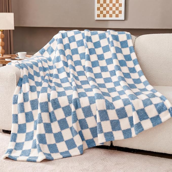 Blue Checkered Twin Size Blanket, Soft Plush Microfiber Fleece Blanket for Couch Sofa Bed, Cozy Decorative Home Blanket, All Season, 60x80 Inches