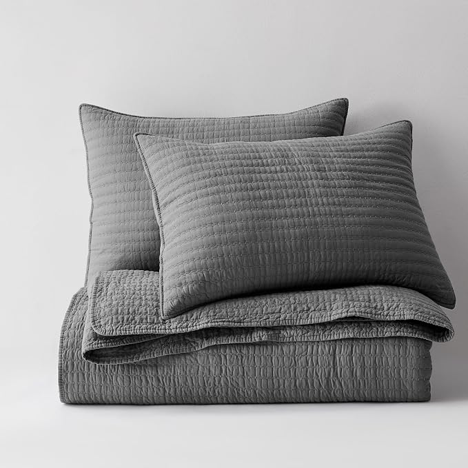 WDCOZY 100% Cotton King Size Quilt Set - Grey Striped Pick Stitch Soft Lightweight Bedspread, Textured Like Linen, Farmhouse Country Rustic Coverlet, Shabby Chic Gauze Bedding, 3 Pieces