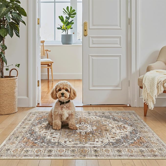 Madane Washable Area Rug 2x3 Small Entryway Rugs Non-Slip, Turmeric/Grey | Vintage Stain-Resistant Door Mat Indoor Entrance, Low Pile Floor Carpet for Inside Front Bedroom Kitchen Entry Laundry, Stair