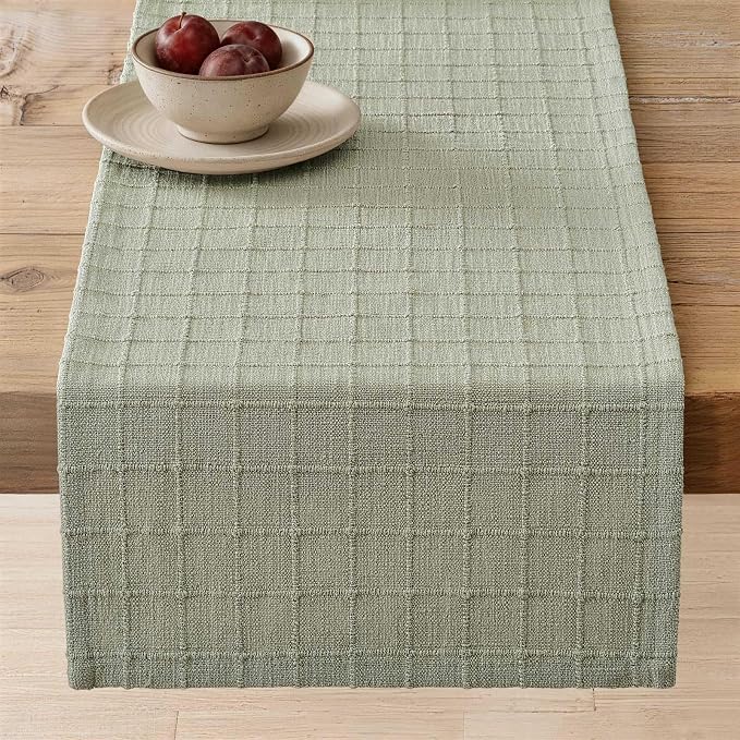 ZeeMart Artisanal Grid Linen Table Runner, 13x48 Inches Seeding Green | Heavy Textured, Durable Thick Fabric, Farmhouse Handwoven Feel Linen Runner, Easy Care Table Decor for Kitchen Dining Room