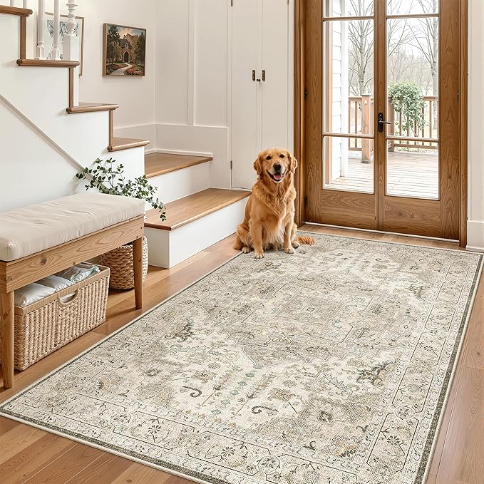 Madane Area Rug 4x6 Washable Rugs Vintage for Living Room, Ivory/Brown | Ultra-Thin Stain Resistant Vintage Large 4'X6' Carpet, Low-Pile Floor Mat For Bedroom Dining Room Office Home Decor