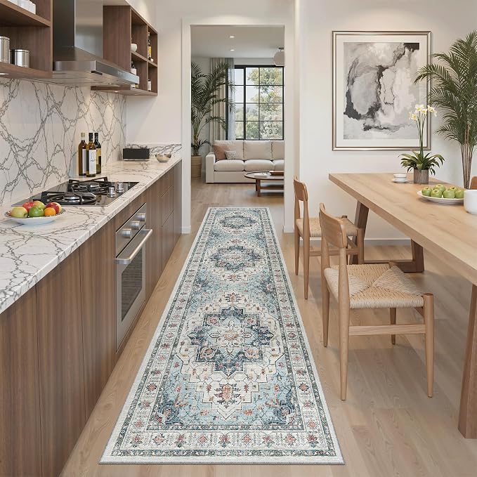 Madane Hallway Runner Rug 2x8 Washable Kitchen Rugs Non-Slip, Blue | Vintage Machine Washable Low-Pile Floor Carpet 8ft, Soft Ultra-Thin Throw Entry Foyer Mat for Entrance Laundry Living Room