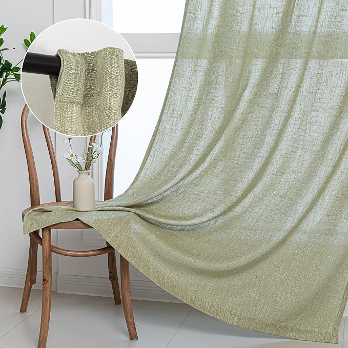 MYSKY HOME Sage Green Living Room Curtains 95 Inches Long Semi Sheer Drapes Light Filtering for Sliding Glass Door Window Treatments Soft Look Country Farmhouse Style, 50" x 95", 2 Pieces