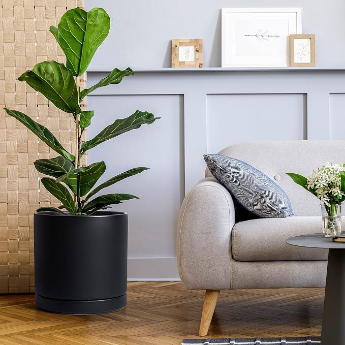 D'vine Dev 12 Inch Ceramic Planter Pot, Black, 94-O-F-2 | Modern Cylinder Design, Drainage Hole & Saucer Included, Stable Structure, Elegant Home Accent
