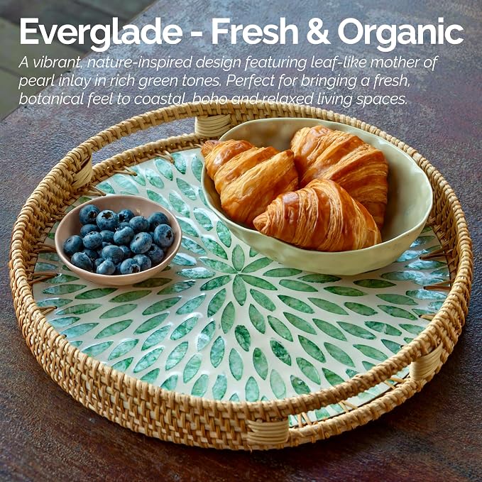 JUNGLE CULTURE Round Rattan Tray with Mother of Pearl Inlay • Everglade 14"
