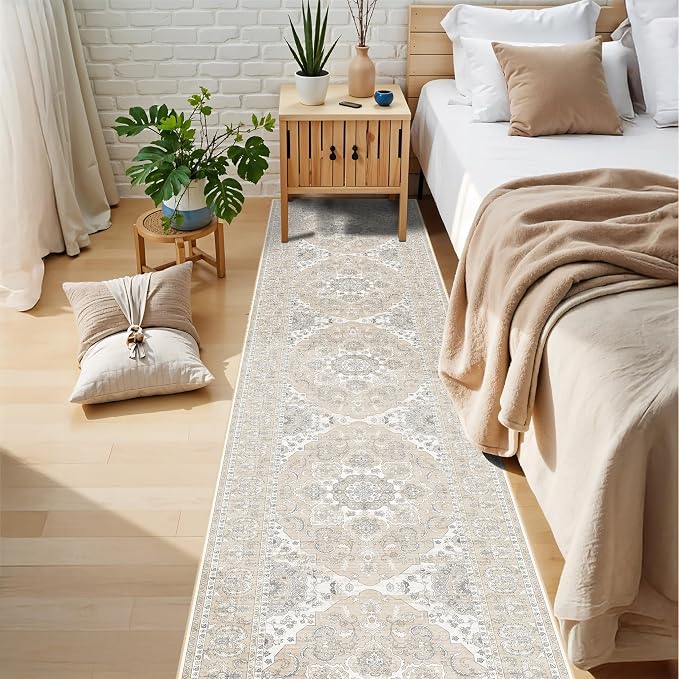 Washable Kitchen Runner Rug 2x10: Non-Slip Hallway Entryway Rugs with Rubber Backing Stain Resistant Soft Thin Low Pile Carpet for Bedroom Indoor Vintage Home Decor Mat for Bathroom (Beige/Cream,2x10)