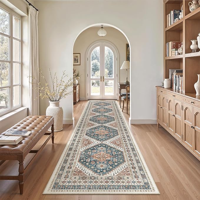 Madane Hallway Runner Rug 2'6''x12' Kitchen Runners Vintage, Navy Blue | Non-Slip Washable Rugs 12ft for Laundry Room, Entryway and Bedroom, Soft Low Pile Stain-Resistant Wide 2.5x12 Ft Floor Carpet