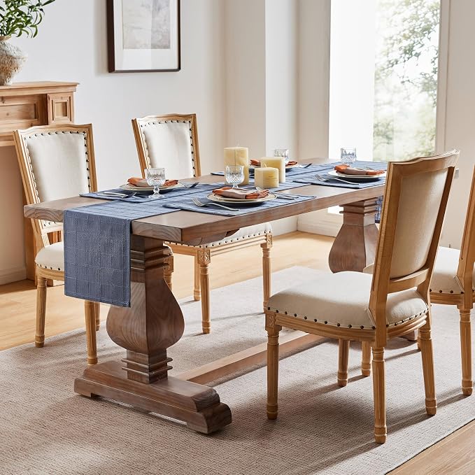 ZeeMart Linen Checked Farmhouse Table Runner, 13x48 Inches Blue | Raised Grid Design, Rich Woven Texture, Linen Blend Table Runners 48 Inches Long, Machine Washable, Boho Home Kitchen Decor