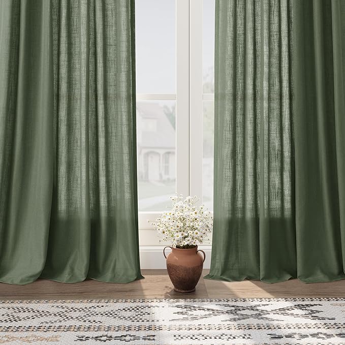 Olive Green Linen Curtains for Living Room 2 Panels Set 95 Inch Length Back Tab Light Filtering Semi Sheer Curtain Drapes for Bedroom 52x95