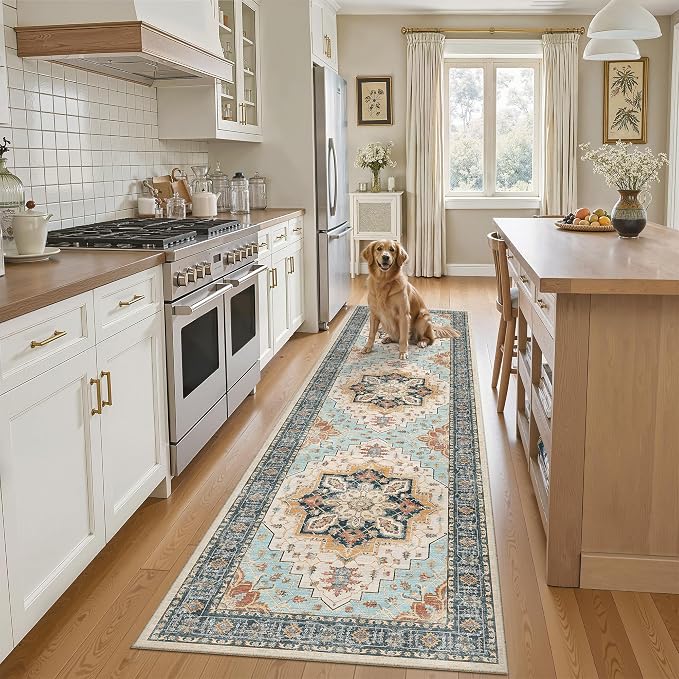 Madane Hallway Runner Rug 2x8 Washable Kitchen Rugs Non-Slip, Orange/Blue | Vintage Machine Washable Low-Pile Floor Carpet 8ft, Soft Ultra-Thin Throw Entry Foyer Mat for Entrance Laundry Living Room
