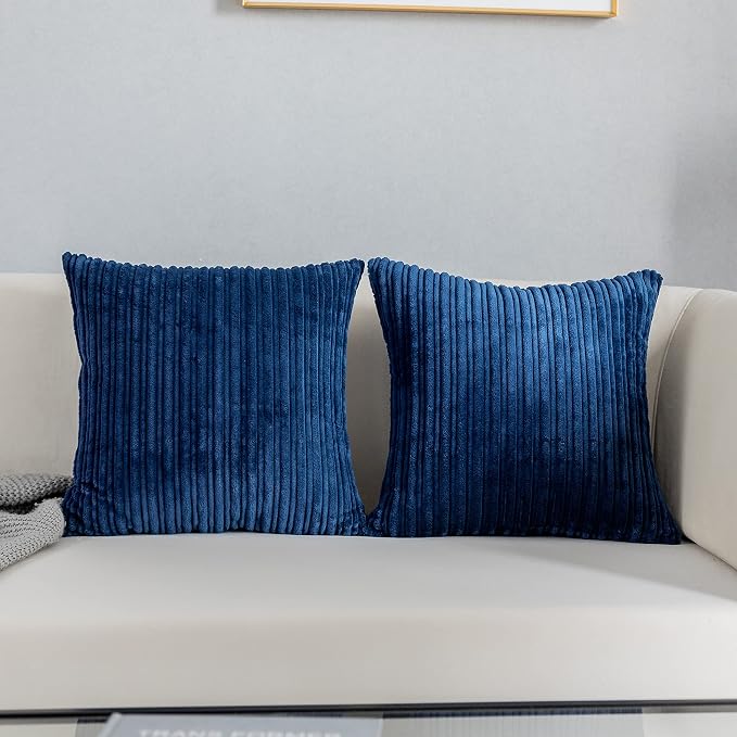 Kevin Textile Striped Corduroy 20”x20” Pillow Covers 2 Pack, Navy Blue