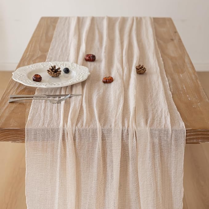 10Pcs Light Beige Cheesecloth Table Runner 120 Inches for Party Home Decor | For Wedding Baby Shower Bridal Shower Birthday Engagement Party 10FT Rustic Boho Home Decorations