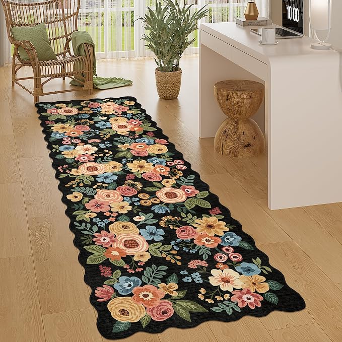 DUKINO 2.6x8 Runner Rug, Floral Washable Kitchen Rugs Non Slip, Black | Low Pile, Stain Resistant, Soft Throw Carpet Runner for Hallway, Entryway, Bedroom, Bathroom, Pet Friendly, Modern Home Decor