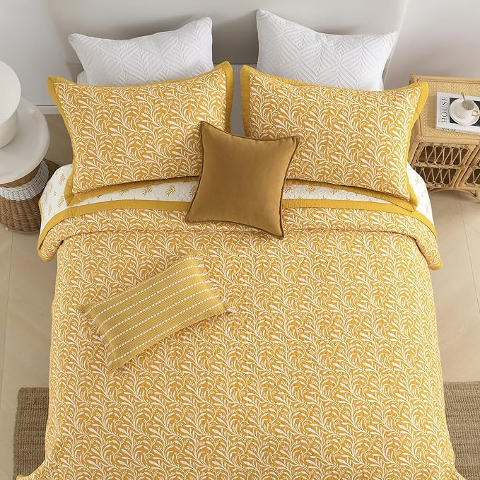SahSahCasa Quilt Set Queen Size, 100% Cotton Quilt Bedding Set Bedspread, Botanical Pattern Solid Color Chic Lightweight Quilted Comforter for Queen Bed, Mustard Yellow, All Season, 3 Pieces