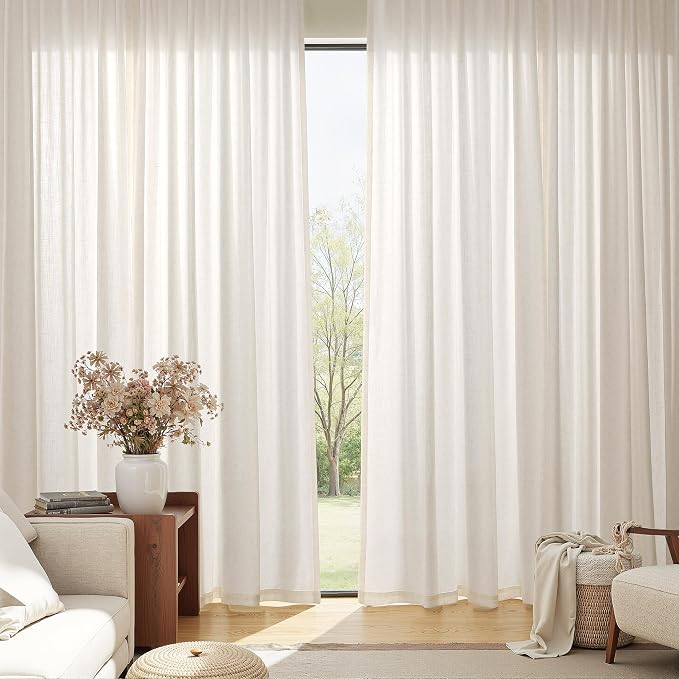 Warm Beige Linen Curtains 102 Inches Long for Bedroom Semi Sheer Light Filtering Modern Farmhouse Textured Hook Belt Back Tab Pleated Rod 102 Inch Window Curtain for Dining Room Nursery 2 Panels