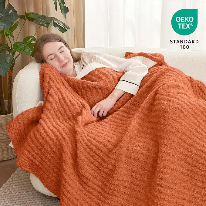 Snuggle Sac Ribbed Burnt Orange Fall Throw Blanket for Couch, Fuzzy Microfiber Knit Blankets for Couch, Sofa, Travel, Burnt Orange, 50x60 inches