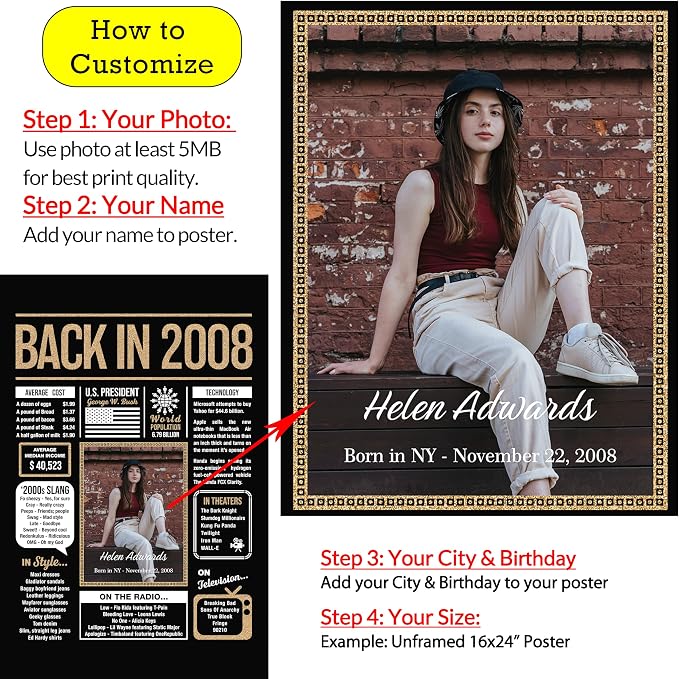 Personalized 17th Birthday Party Decorations Boys, Girls, Him, Her - Custom Gifts Idea For 17 Years Old, Back In The Year You Born Newspaper For 17th Birthday Poster No Frame Black Gold