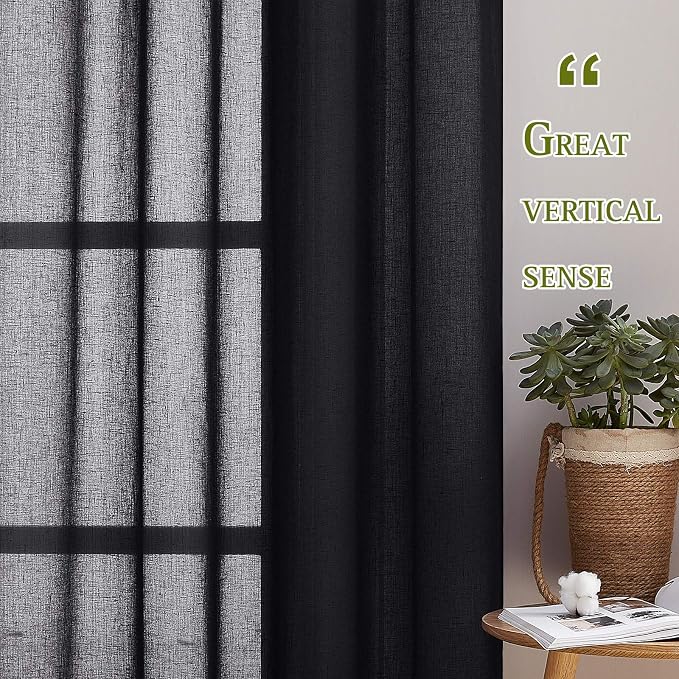 NICETOWN Classic Linen Weave Flax Sheer Window Curtains, Grommet Translucent Drapes Semitransparent Privacy with Light Through for Bedroom/Living Room, Black, W52 x L96, 2 Pieces
