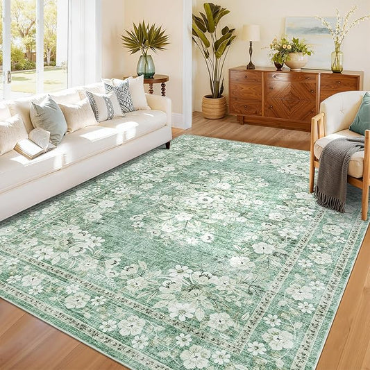 GarveeHome 6x9 Area Rug for Living Room Vintage Sage Green Floor Cover | Leaf Flower Botanical Distressed Bordered Bedroom Rugs Machine Washable Non-Slip Low Pile Floral Area Rug for Dining Room