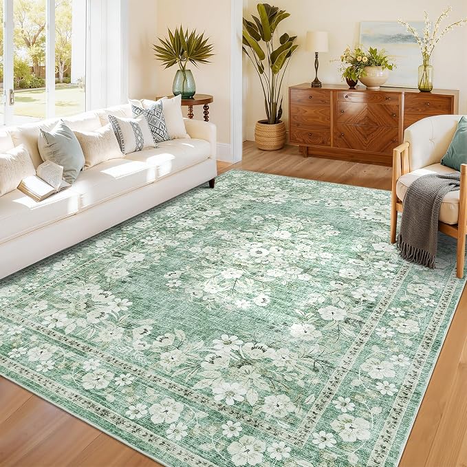 GarveeHome 5x7 Area Rug for Living Room Vintage Floral Rugs | Washable Botanical Floor Carpets Flower Bordered Accent Mats Non-Slip Low Pile Area Rug for Bedroom Dining Nursery Room Green