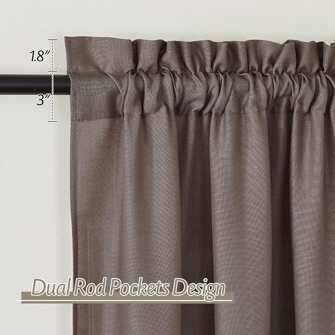 RYB HOME Linen Sheer Curtains 2 Panels for Living Room, Semi Transparent Privacy Drapes with Rod Pocket Farmhouse Style Window Treatments for Bedroom, Brown, 52" W x 95" L