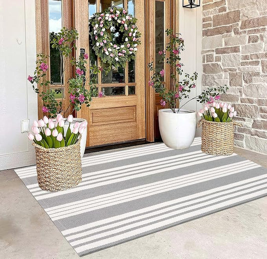 Grey and White Outdoor Rug 3'x 5'Cotton Washable Front Porch Mat Area Rug | Hand-Woven Door Mat Outdoor For Entryway Combined With Hello Welcome Mat