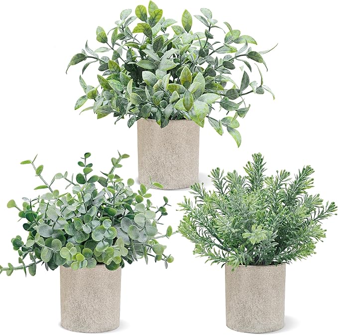 USLAI 3 Pack Fake Plants, 8-Inch Small Potted Eucalyptus Artificial Plants for Home Office Room Shelf Desk Decor