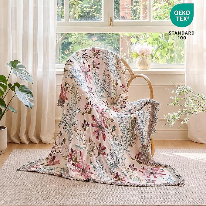MSGKV Boho Throw Blanket 50"x60" 100% Cotton Floral Throw for Couch Sofa | 100% Cotton Throw, Floral Pattern, Reversible Woven, Breathable Lightweight, Farmhouse Home Decor, Machine Washable