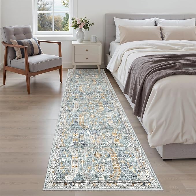 Madane Hallway Runner Rug 2x8 Washable Kitchen Rugs Non-Slip, Blue/Gold | Vintage Machine Washable Low-Pile Floor Carpet 8ft, Soft Ultra-Thin Throw Entry Foyer Mat for Entrance Laundry Living Room