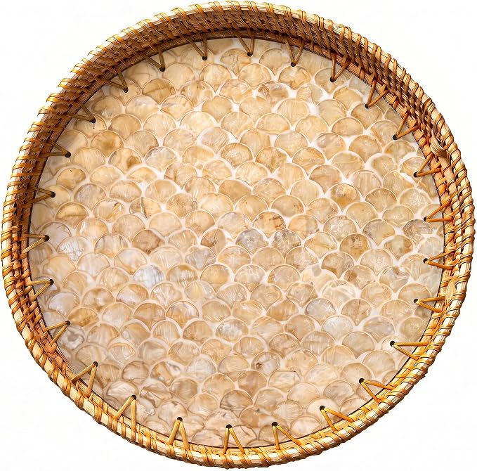 JUNGLE CULTURE Round Rattan Tray Mother of Pearl Inlay • Cascade Light 12”