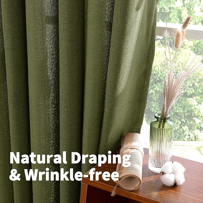 YoungsTex Olive Green Linen Curtains for Living Room, Extra Long Semi Sheer Drapes Light Filtering with Bronze Grommet for Bedroom Country, 2 Panels, 52 X 102 Inch