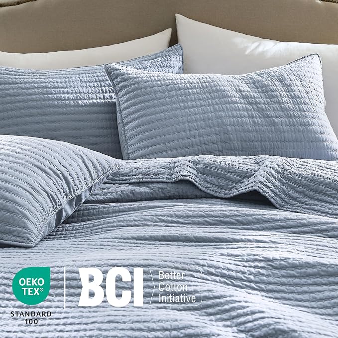 WDCOZY 100% Cotton Queen Size Quilt Set - Light Blue Striped Pick Stitch Soft Lightweight Bedspread, Textured Like Linen, Farmhouse Country Rustic Coverlet, Shabby Chic Gauze Bedding, 3 Pieces