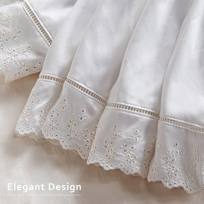 MIYE Wrap Around Ruffled Lace Bed Skirt, Elastic Dust Ruffle with Adjustable Belts, Easy to Put On, Bed Frame Cover, Machine Washable (Embroidered/White, Full/Twin-15 Drop)