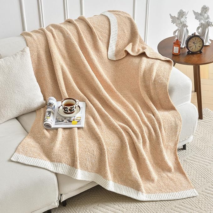 Chunky Knit Boucle Throw Blanket, Soft Washable Coastal Blanket for Bed Couch, Lightweight Cozy Oversized Feather Knit Blanket Indoor Outdoor for Sofa (Beige, Throw 50"x60")