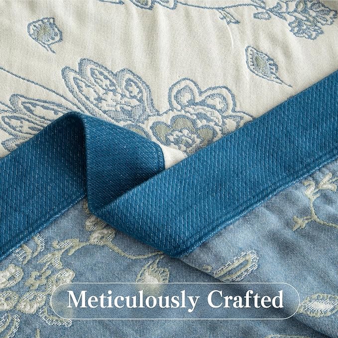Phuryllic Boho Throw Blanket Full Size, Extra Large Soft Cozy Cotton Muslin Quilt Blanket for Bed Decor, Floral Patterned Couch Sofa Chair Cover, Vintage Farmhouse Cottage Woven Blanket, Blue&White