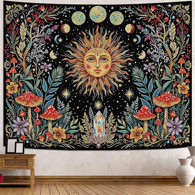 Accnicc Boho Sun and Moon Tapestry Hippie Mushroom Floral Wall Tapestry for Bedroom Aesthetic Vintage Plant Celestial Spiritual Small Tapestries Wall Hanging for Dorm Living Room Decor 60 x 44 Inch